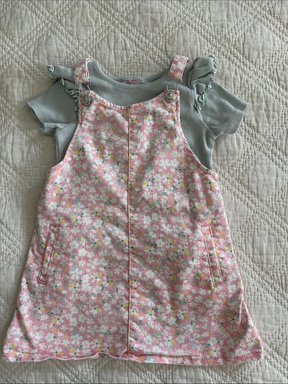 Btween Pink Gingham Wide-Leg Pants and Top and denim floral pink pinafore Sz 5